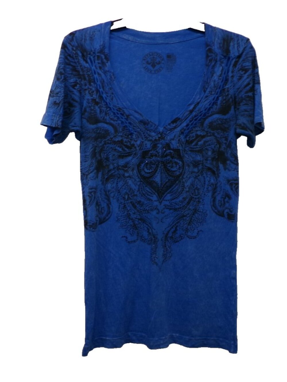 Affliction Live Fast Y2K Angel Wings Bling V Neck Blue Wash T Shirt Women's sz M